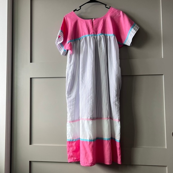 Vintage Pink White Striped MuuMuu Midi Dress Medium Short Sleeve Hawaiian - Picture 4 of 12